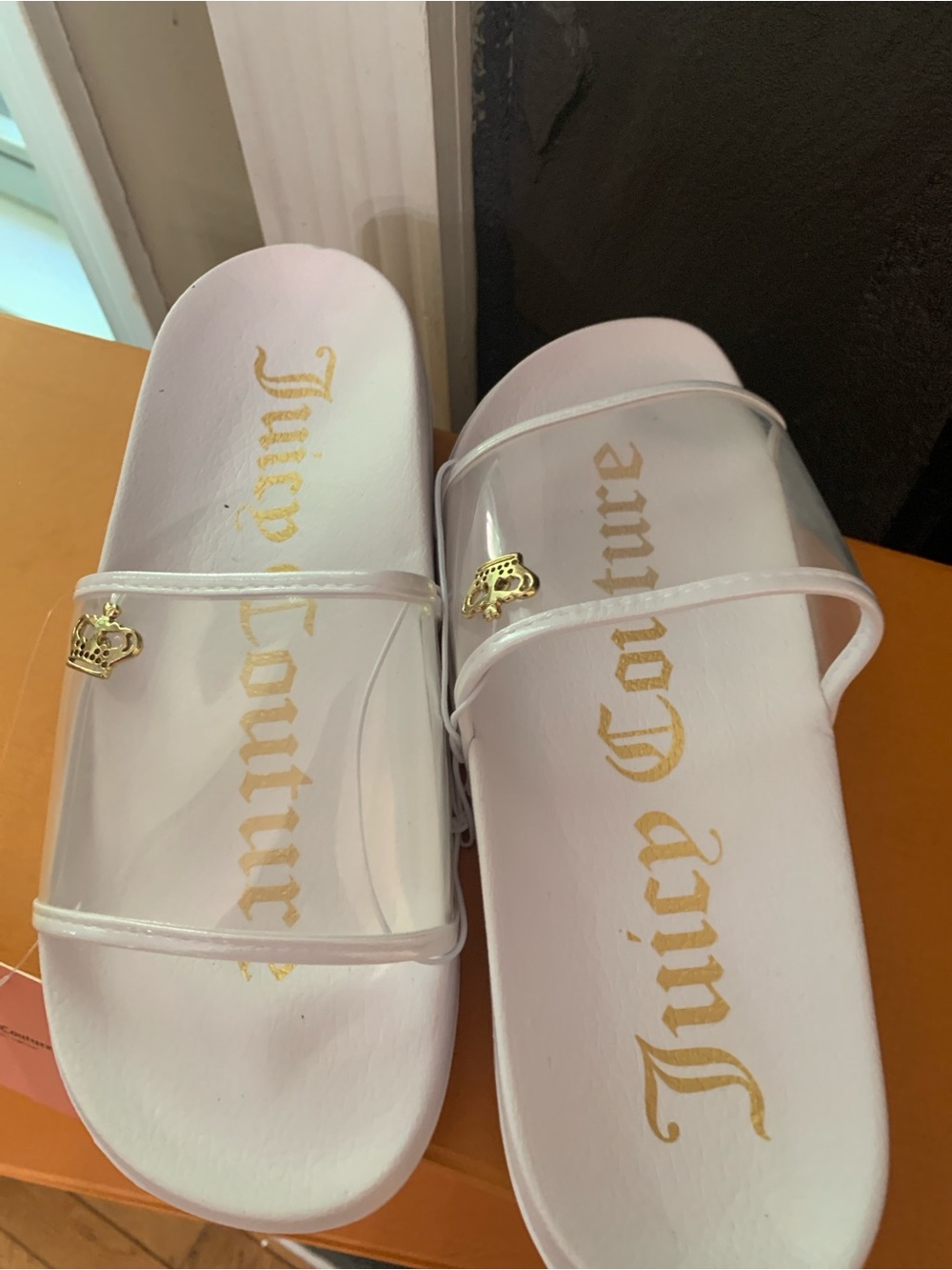 Juicy Couture White Slide Sandals with Clear Straps and Gold Crown Charm